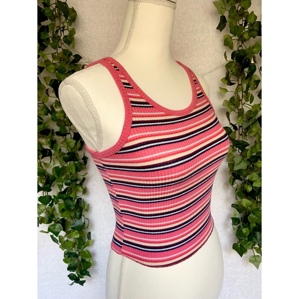 Y2K Hot Kiss Pink Black White Striped Knit Cami Tank Crop top Juniors Medium